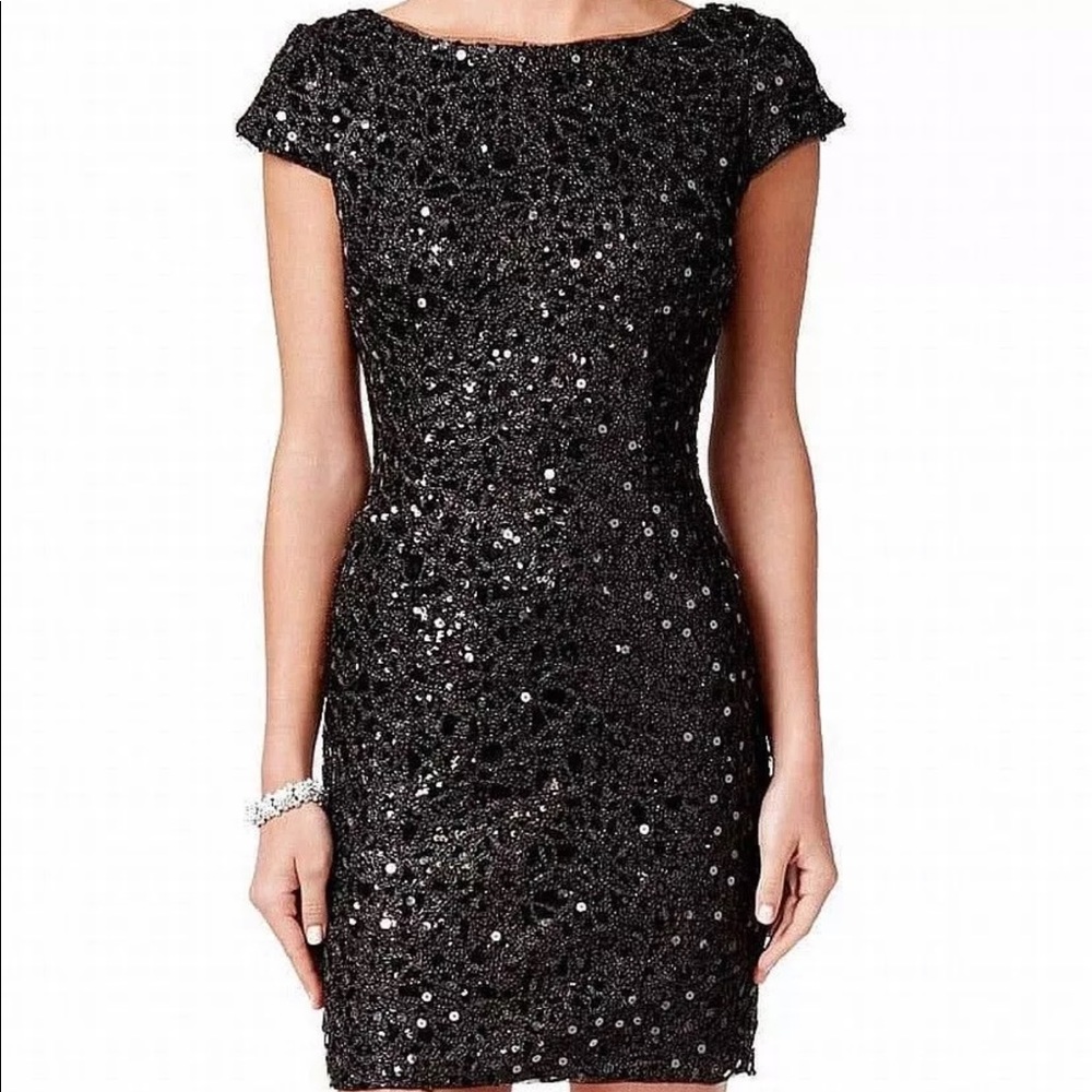 UEC Adrianna Papell Black Sequined Cap Sleeve Dress